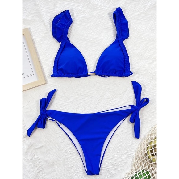 Ruffle Brazilian Bikini Set Swimsuit Light Blue Turquoise Braided - Picture 6 of 9